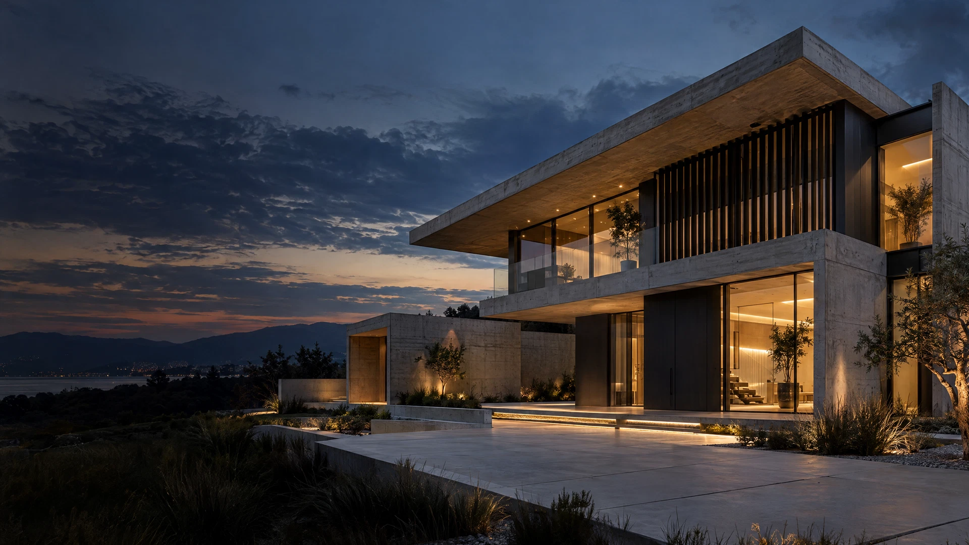 Imagem ilustrativa de arquitetura moderna em concreto, com linhas retas e iluminação acolhedora